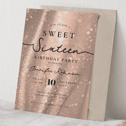 Elegant Chic Glitter Sweet 16 Birthday Rose Gold  招待状
