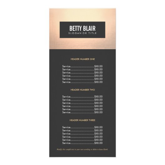 Elegant Chic Gold and Black Price List Menu ラックカード (正面)