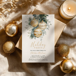Elegant Chic Gold Baubles Greenery Christmas Party 招待状