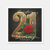 Elegant Chic Gold Filigree Red Rose 21st Birthday スタンダードカクテルナプキン (正面)