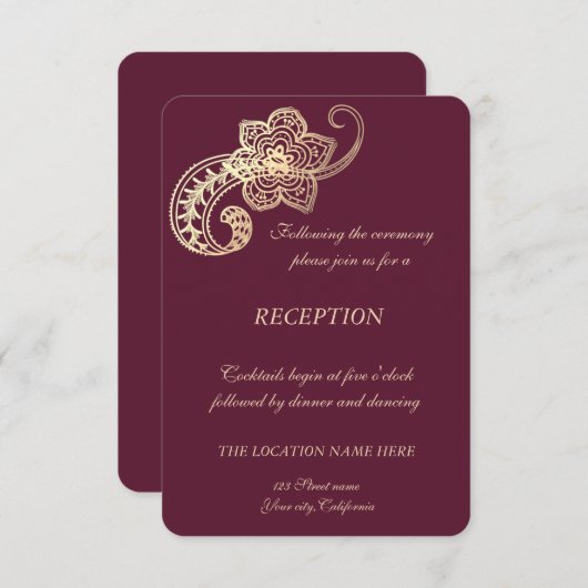 Elegant Chic Gold Paisley  Wedding Reception 招待状 (正面/裏面)