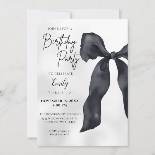 Elegant Chic Modern Black Bow Birthday Invitation 招待状 (正面)