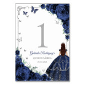Elegant Chic Navy Blue Roses Silver Quinceanera テーブルナンバー (裏面)