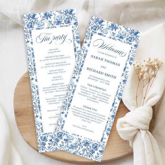 Elegant Chic Navy Blue Toile de Jouy Roses Wedding プログラム