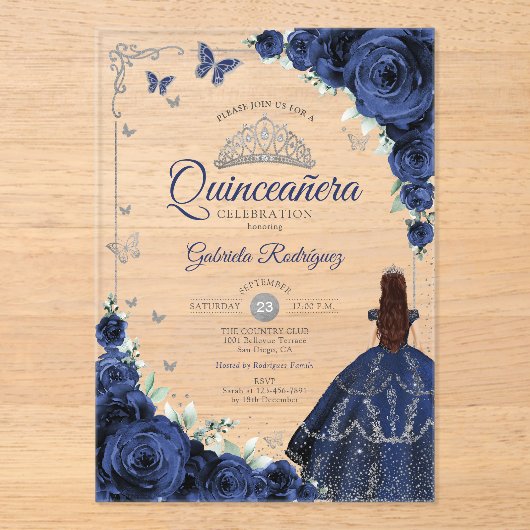 Elegant Chic Navy Roses Silver Quinceanera アクリル招待状 (正面)