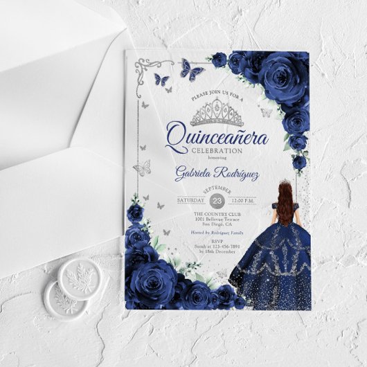 Elegant Chic Navy Roses Silver Quinceanera アクリル招待状