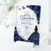 Elegant Chic Navy Roses Silver Quinceanera アクリル招待状