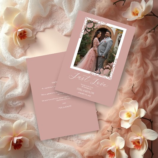 Elegant Chic Pink Ornate Corner Photo Wedding サンキューカード