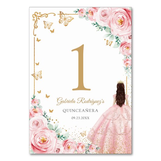 Elegant Chic Pink Roses Gold Quinceanera テーブルナンバー (正面)