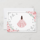 Elegant Chic Pink Roses Silver Quinceanera サンキューカード (裏面)