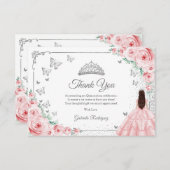 Elegant Chic Pink Roses Silver Quinceanera サンキューカード (正面/裏面)