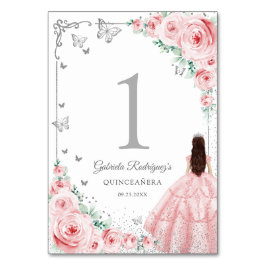 Elegant Chic Pink Roses Silver Quinceanera テーブルナンバー