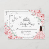 Elegant Chic Pink Silver Quinceanera Reply 出欠カード (正面/裏面)