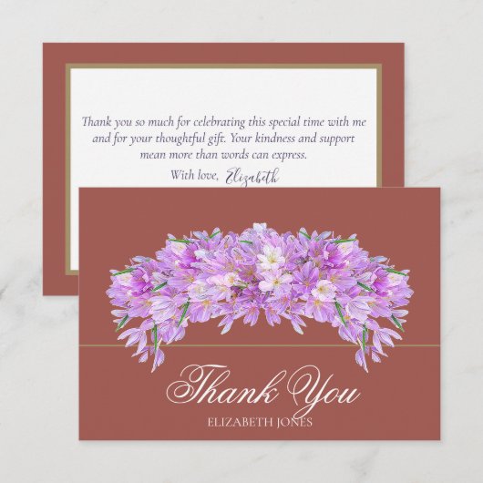 Elegant Chic Purple Crocus Bridal Shower Thank You サンキューカード (正面/裏面)