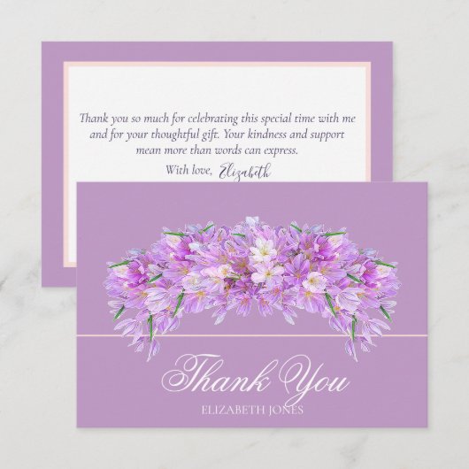 Elegant Chic Purple Crocus Bridal Shower Thank You サンキューカード (正面/裏面)