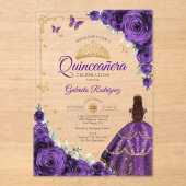 Elegant Chic Purple Roses Gold Quinceanera  アクリル招待状 (正面)