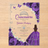 Elegant Chic Purple Roses Silver Quinceanera  アクリル招待状 (正面)
