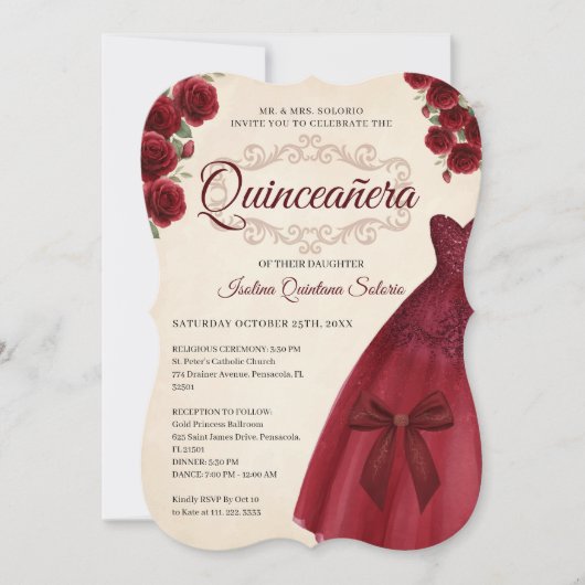 Elegant Chic Quinceanera 15th Birthday Burgundy 招待状 (正面)