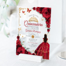 Elegant Chic Red Roses Gold Quinceanera アクリル招待状