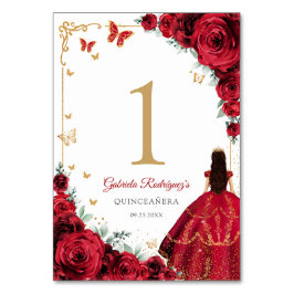 Elegant Chic Red Roses Gold Quinceanera テーブルナンバー