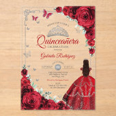 Elegant Chic Red Roses Silver Quinceanera  アクリル招待状 (正面)