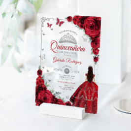 Elegant Chic Red Roses Silver Quinceanera  アクリル招待状
