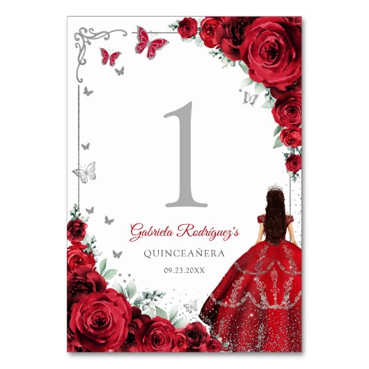 Elegant Chic Red Roses Silver Quinceanera テーブルナンバー (正面)