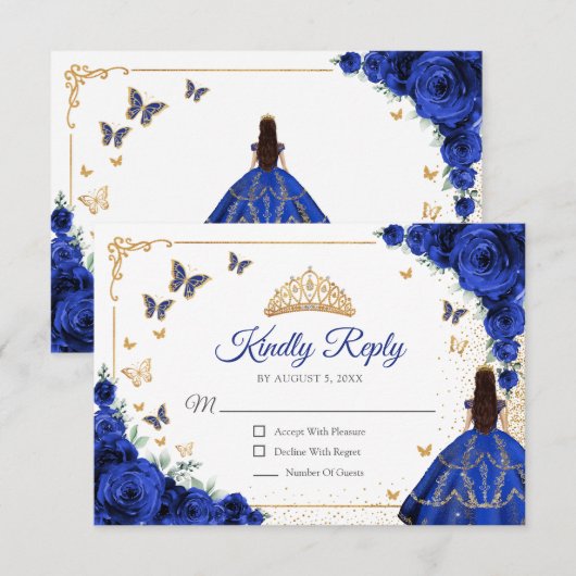 Elegant Chic Royal Blue Gold Quinceanera Reply 出欠カード (正面/裏面)