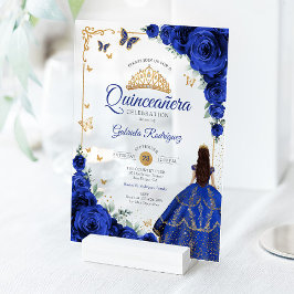Elegant Chic Royal Blue Roses Gold Quinceanera  アクリル招待状