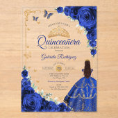 Elegant Chic Royal Blue Roses Gold Quinceanera  アクリル招待状 (正面)