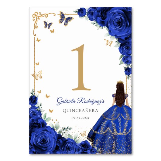 Elegant Chic Royal Blue Roses Gold Quinceanera テーブルナンバー (正面)