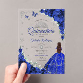 Elegant Chic Royal Blue Roses Silver Quinceanera  アクリル招待状 (インサイチュ (ポータブル))