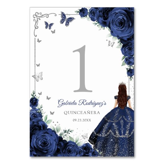 Elegant Chic Royal Blue Roses Silver Quinceanera テーブルナンバー (正面)
