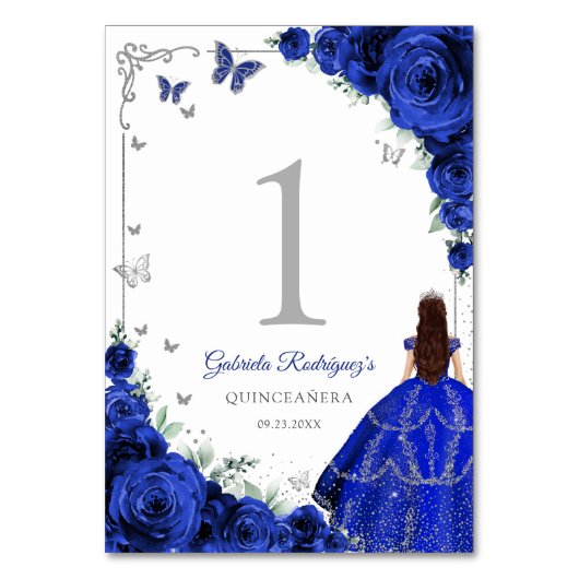 Elegant Chic Royal Blue Roses Silver Quinceanera テーブルナンバー (正面)