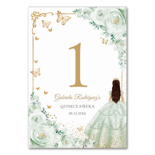 Elegant Chic Sage Green Roses Gold Quinceanera テーブルナンバー (正面)