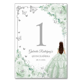Elegant Chic Sage Green Roses Silver Quinceanera テーブルナンバー