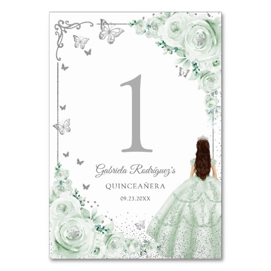Elegant Chic Sage Green Roses Silver Quinceanera テーブルナンバー (正面)