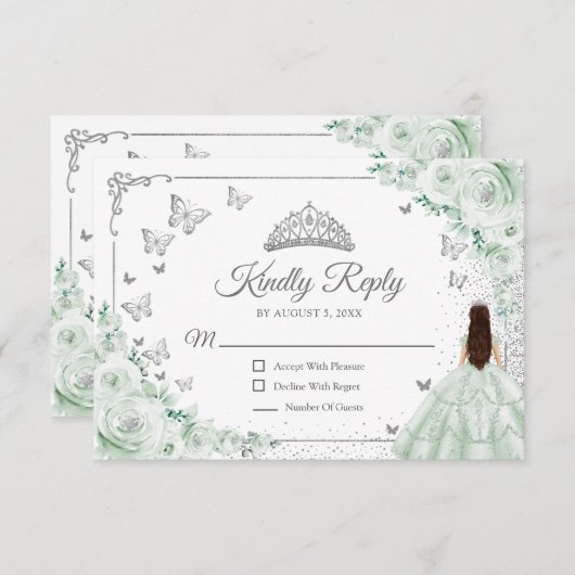 Elegant Chic Sage Green Silver Quinceanera Reply 出欠カード (正面/裏面)
