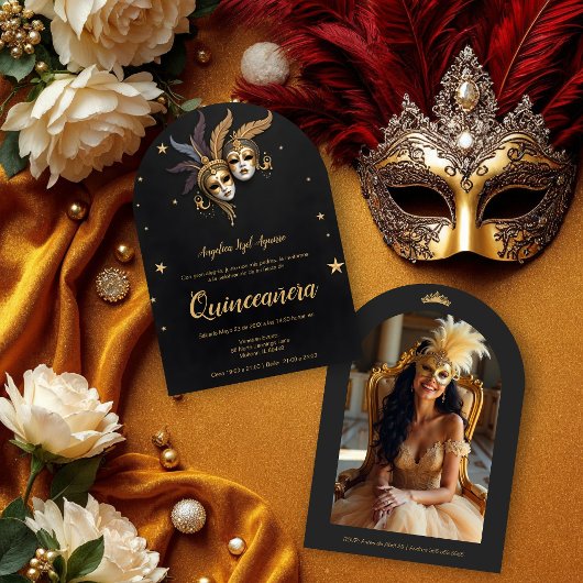 Elegant Chic Venetian Mask Quinceañera Party 招待状