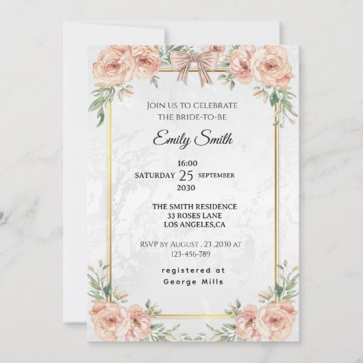 Elegant Chic Watercolor Bridal Shower  招待状 (正面)