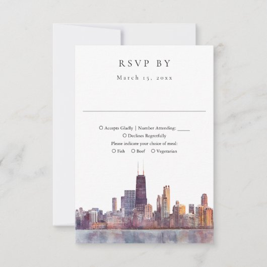 Elegant Chicago Skyline Watercolor Wedding 出欠カード (正面)