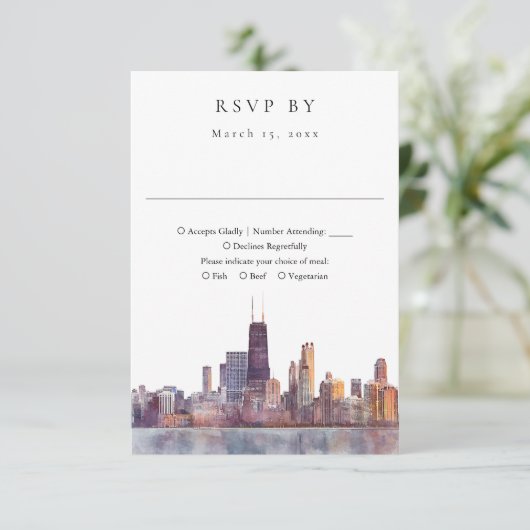 Elegant Chicago Skyline Watercolor Wedding 出欠カード (スタンド正面)