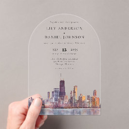 Elegant Chicago Skyline Watercolor Wedding Arch アクリル招待状