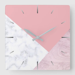 Elegant chick white pastel pink marble geometric スクエア壁時計