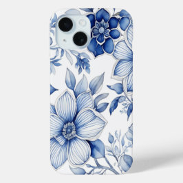 Elegant Chinoiserie Blue & White Floral Pattern iPhone 15ケース