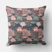 Elegant Chinoiserie Lotus Floral Red and Brown クッション (裏面)