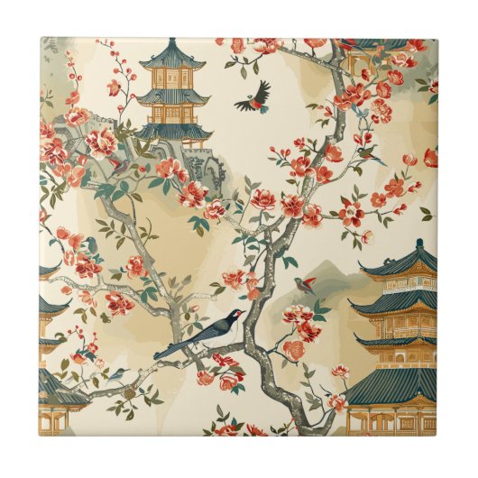 Elegant Chinoiserie - Pagodas, Blossoms, and Birds タイル (正面)