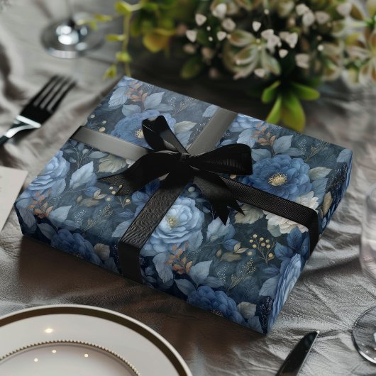 Elegant Christmas Blue and White Floral Gift ラッピングペーパーシート