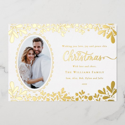 Elegant Christmas Botanical Frame Oval Photo  箔シーズンカード (正面)