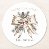 Elegant Christmas Bow Personalized Coasters ラウンドペーパーコースター (正面)
